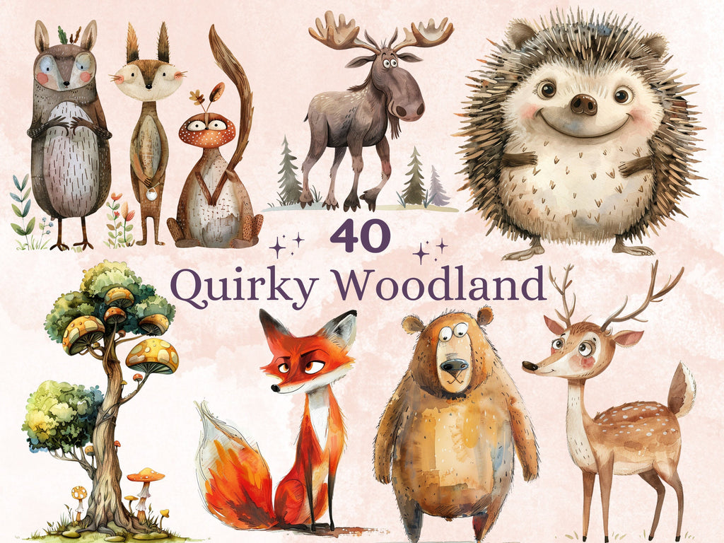 40 PNG Watercolor Quirky Woodland Animals Clipart, Whimsical Forest Illustrations Clip art, Funny Animal Emotions png, Quirky Sublimation