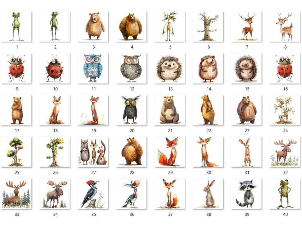 40 PNG Watercolor Quirky Woodland Animals Clipart, Whimsical Forest Illustrations Clip art, Funny Animal Emotions png, Quirky Sublimation