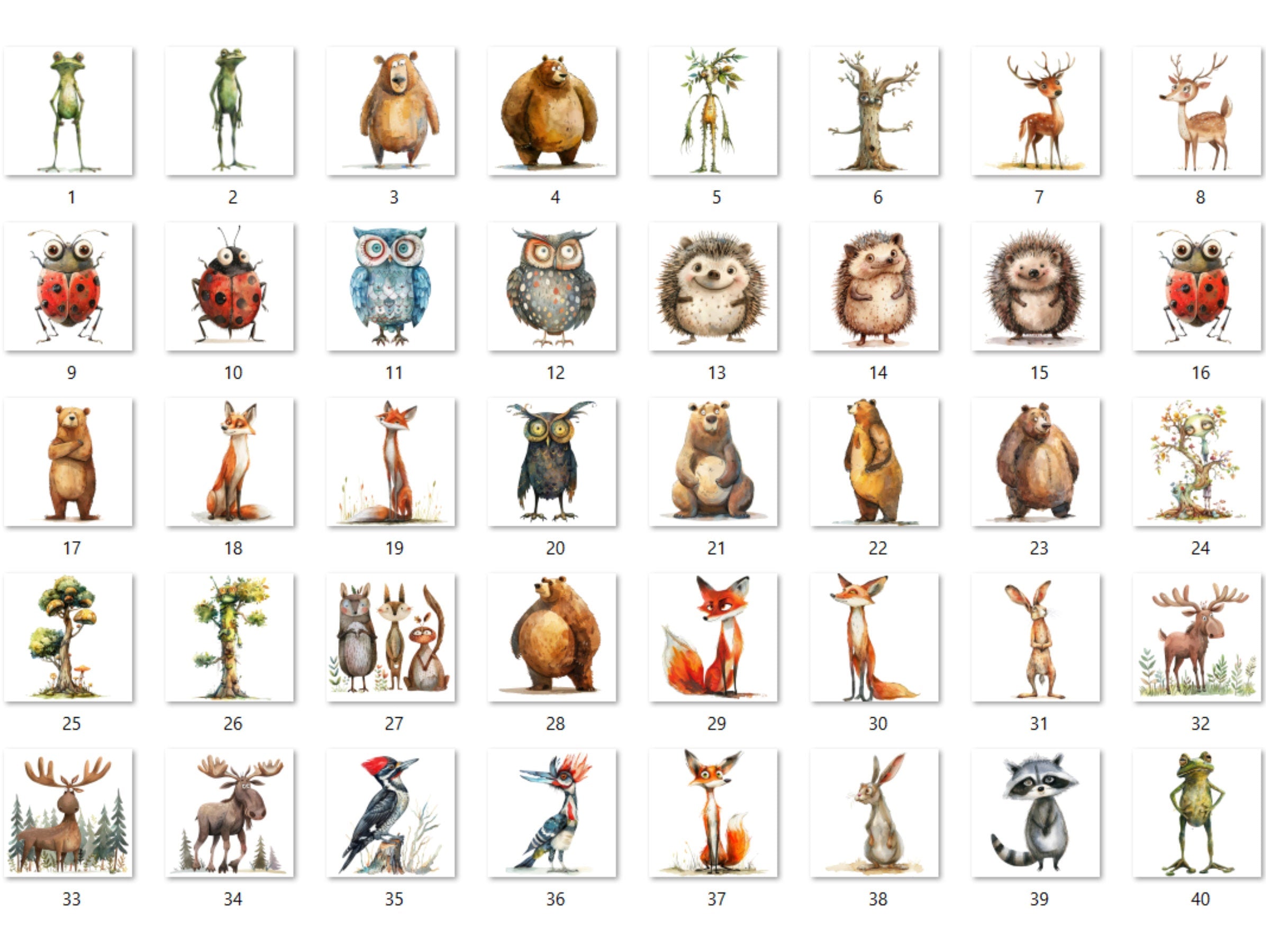 40 PNG Watercolor Quirky Woodland Animals Clipart, Whimsical Forest Illustrations Clip art, Funny Animal Emotions png, Quirky Sublimation