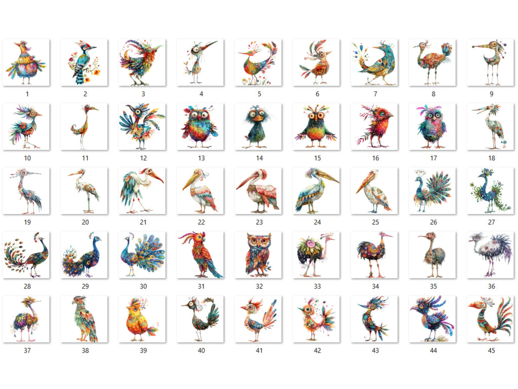 45 PNG Watercolor Quirky Birds Clipart, Whimsical Crazy Birds Illustrations Clip art, Funny Cartoon Bird Emotions png, Quirky Sublimation