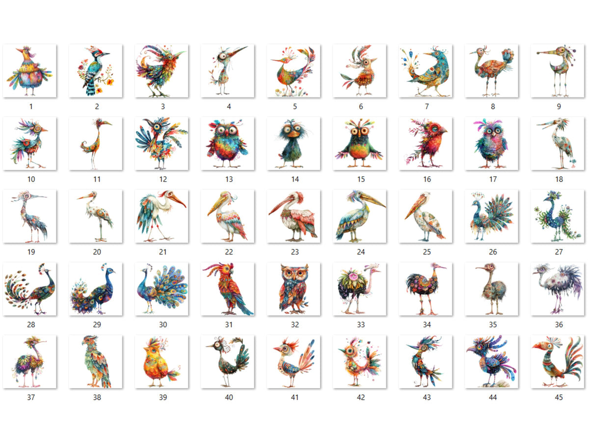 45 PNG Watercolor Quirky Birds Clipart, Whimsical Crazy Birds Illustrations Clip art, Funny Cartoon Bird Emotions png, Quirky Sublimation