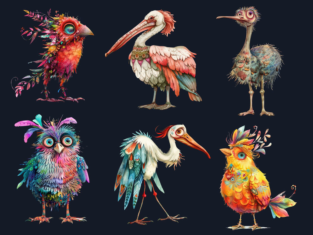 45 PNG Watercolor Quirky Birds Clipart, Whimsical Crazy Birds Illustrations Clip art, Funny Cartoon Bird Emotions png, Quirky Sublimation