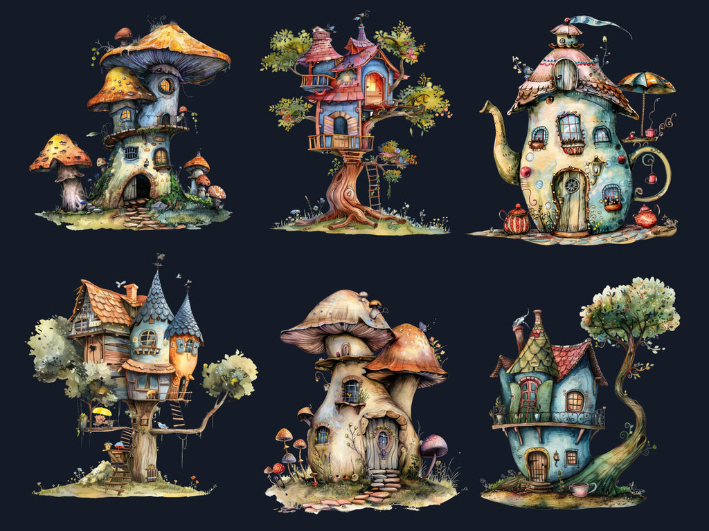 50 PNG Watercolor Quirky House Clipart, Whimsical Mushroom House Illustrations Clip art, Teapot Fairy House png, Cute Apartment Sublimation