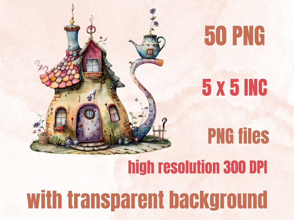 50 PNG Watercolor Quirky House Clipart, Whimsical Mushroom House Illustrations Clip art, Teapot Fairy House png, Cute Apartment Sublimation