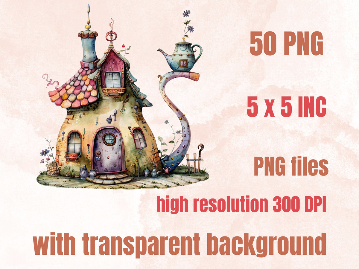 50 PNG Watercolor Quirky House Clipart, Whimsical Mushroom House Illustrations Clip art, Teapot Fairy House png, Cute Apartment Sublimation