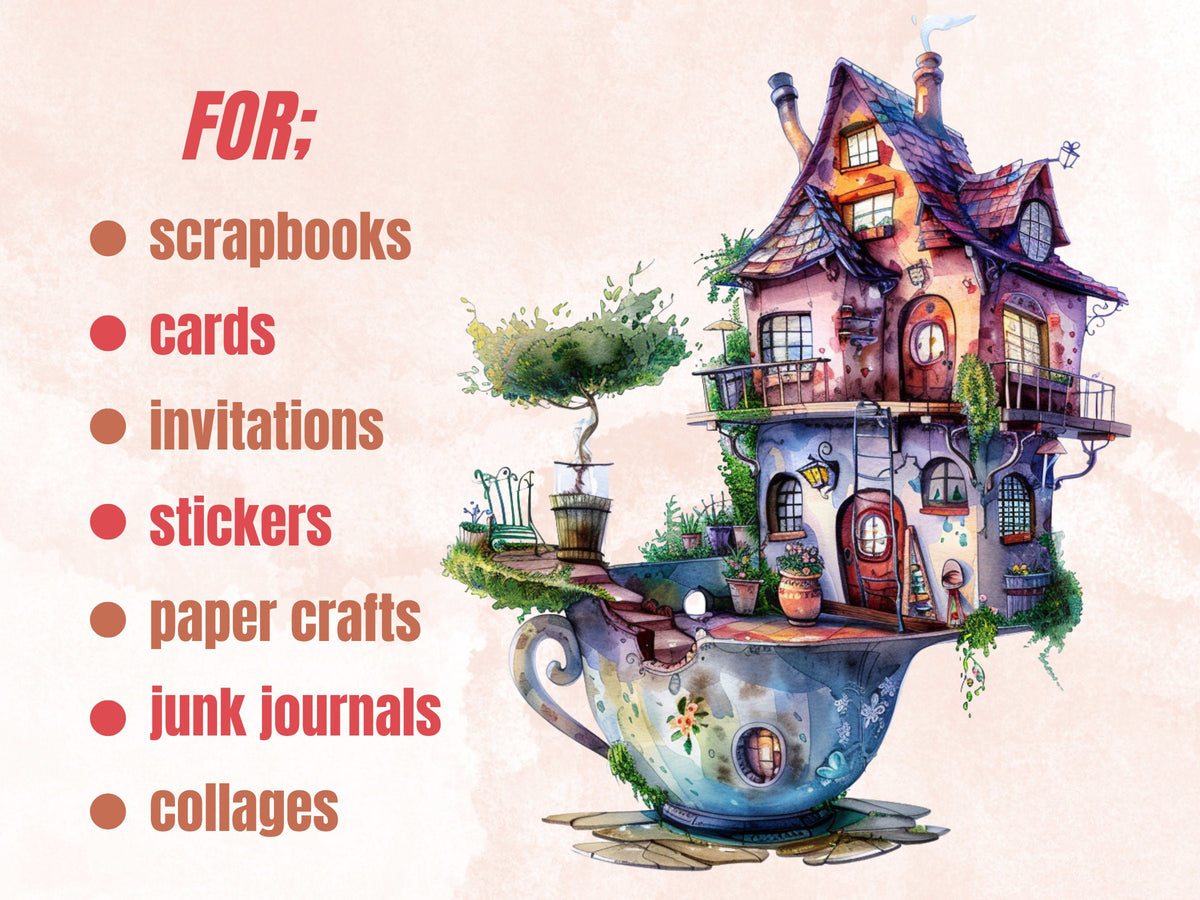 50 PNG Watercolor Quirky House Clipart, Whimsical Mushroom House Illustrations Clip art, Teapot Fairy House png, Cute Apartment Sublimation