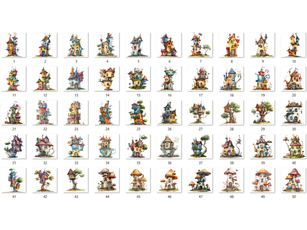 50 PNG Watercolor Quirky House Clipart, Whimsical Mushroom House Illustrations Clip art, Teapot Fairy House png, Cute Apartment Sublimation