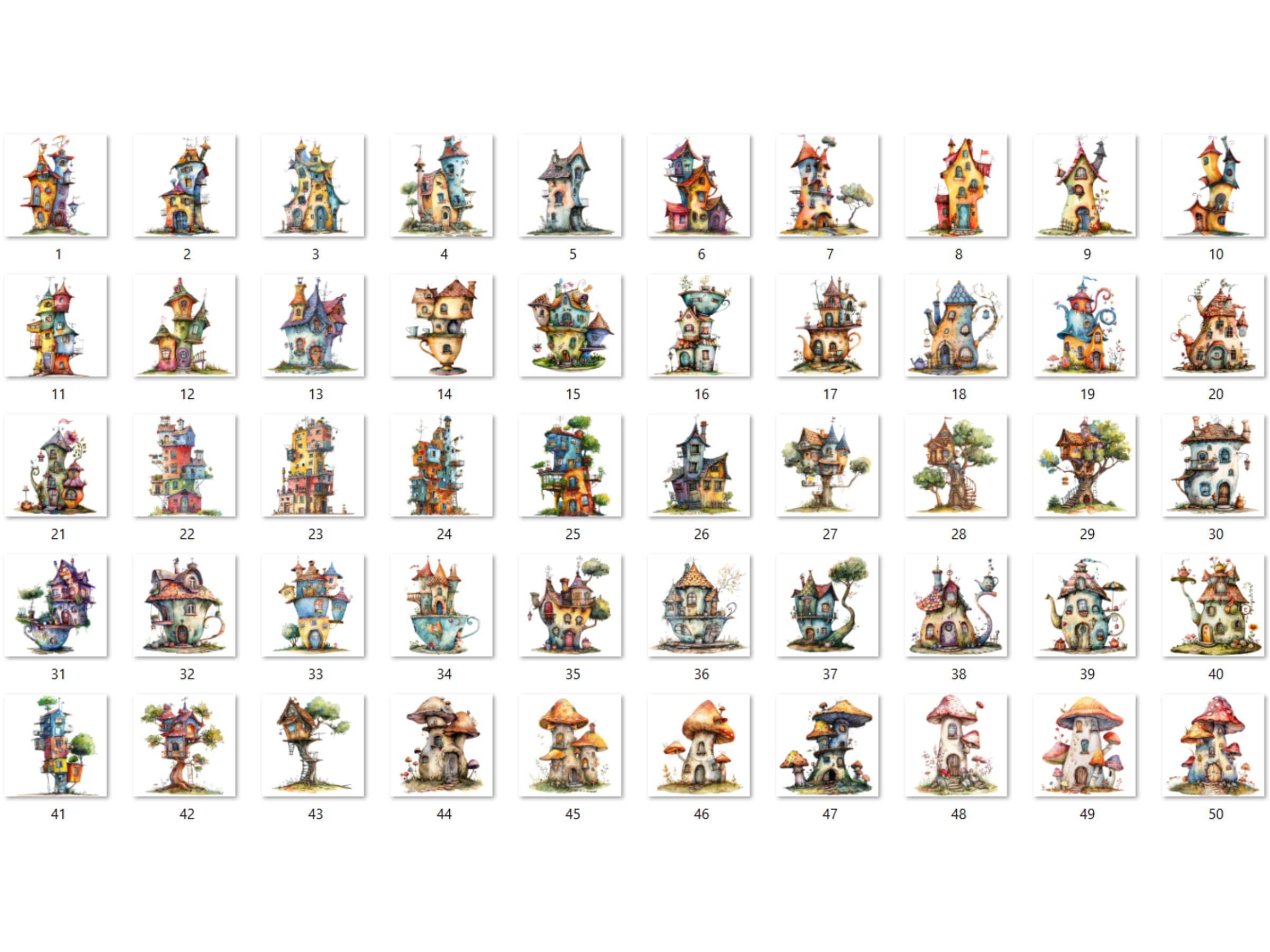 50 PNG Watercolor Quirky House Clipart, Whimsical Mushroom House Illustrations Clip art, Teapot Fairy House png, Cute Apartment Sublimation