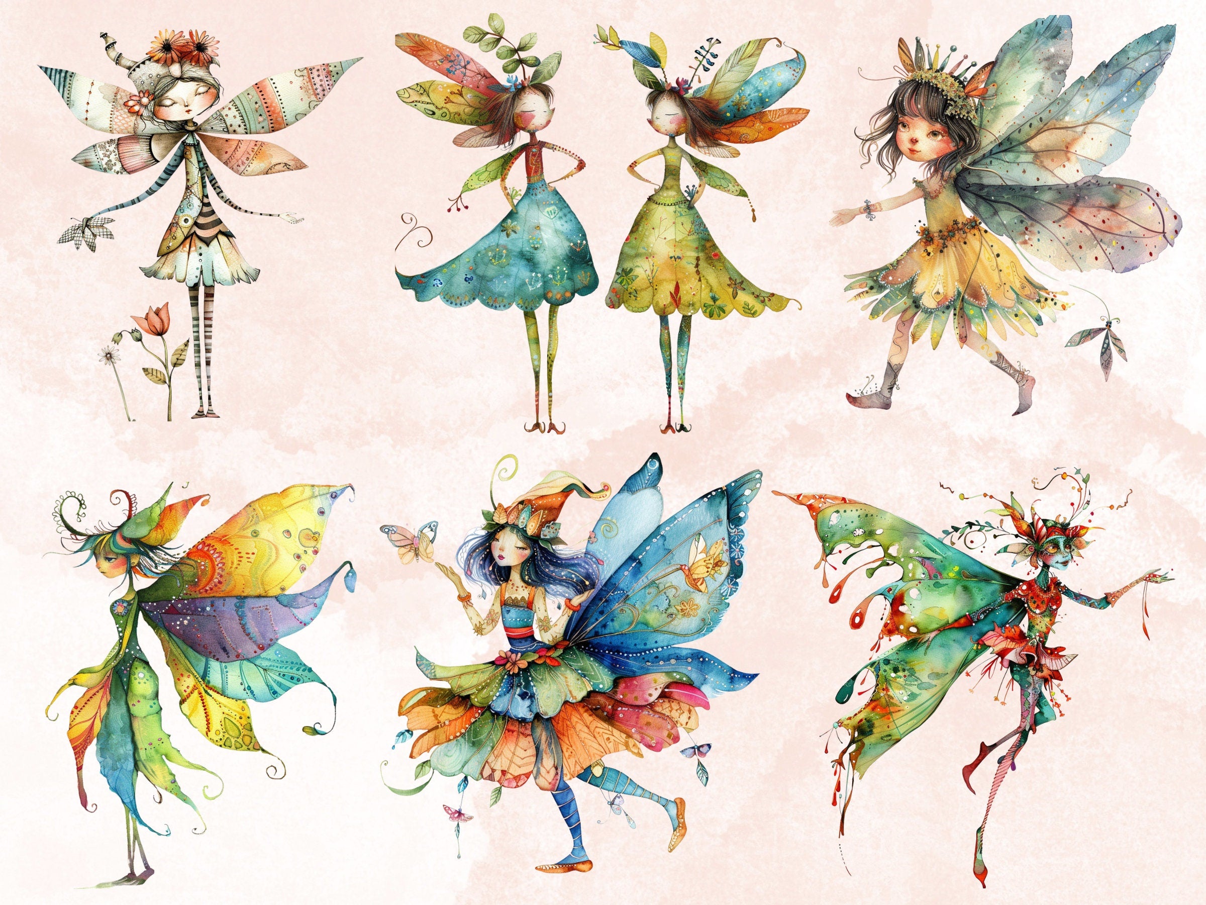 35 PNG Watercolor Quirky Fairy Bundle Clipart, Whimsical Fairy Girl Illustrations Clip art, Funny Garden Fairy png, Quirky Elf Sublimation