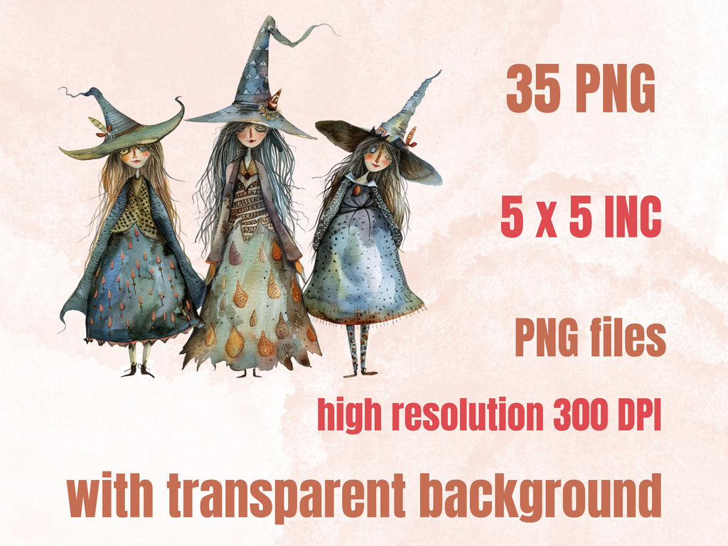 35 PNG Watercolor Quirky Witch Clipart, Whimsical Witch Girls Illustrations Clip art, Funny Three Witch png, Fantasy Quirky Sublimation