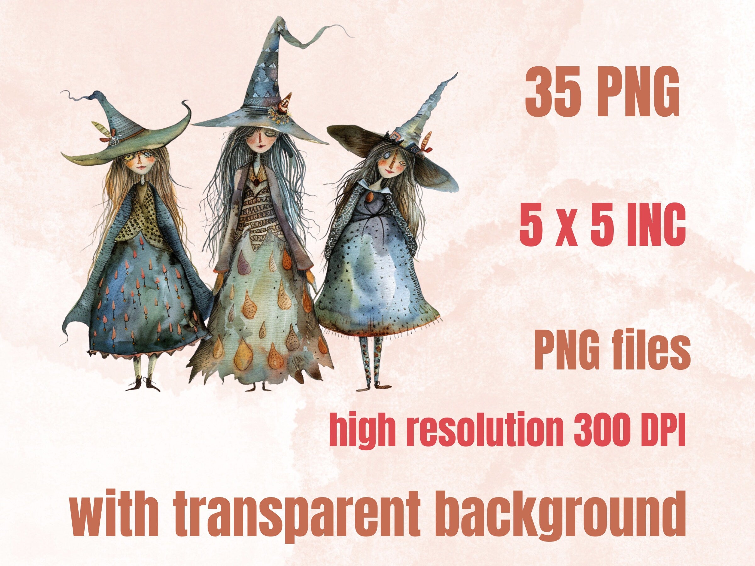 35 PNG Watercolor Quirky Witch Clipart, Whimsical Witch Girls Illustrations Clip art, Funny Three Witch png, Fantasy Quirky Sublimation