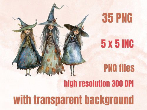 35 PNG Watercolor Quirky Witch Clipart, Whimsical Witch Girls Illustrations Clip art, Funny Three Witch png, Fantasy Quirky Sublimation