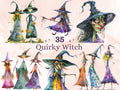 35 PNG Watercolor Quirky Witch Clipart, Whimsical Witch Girls Illustrations Clip art, Funny Three Witch png, Fantasy Quirky Sublimation
