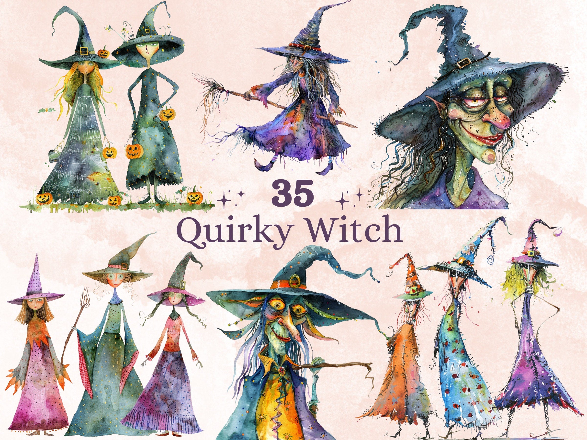 35 PNG Watercolor Quirky Witch Clipart, Whimsical Witch Girls Illustrations Clip art, Funny Three Witch png, Fantasy Quirky Sublimation