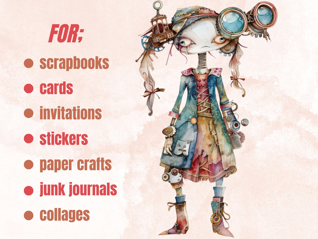 50 PNG Watercolor Quirky Steampunk Clipart, Whimsical Girl Illustrations Clip art, Funny Steampunk Bird png, Quirky Houses Sublimation