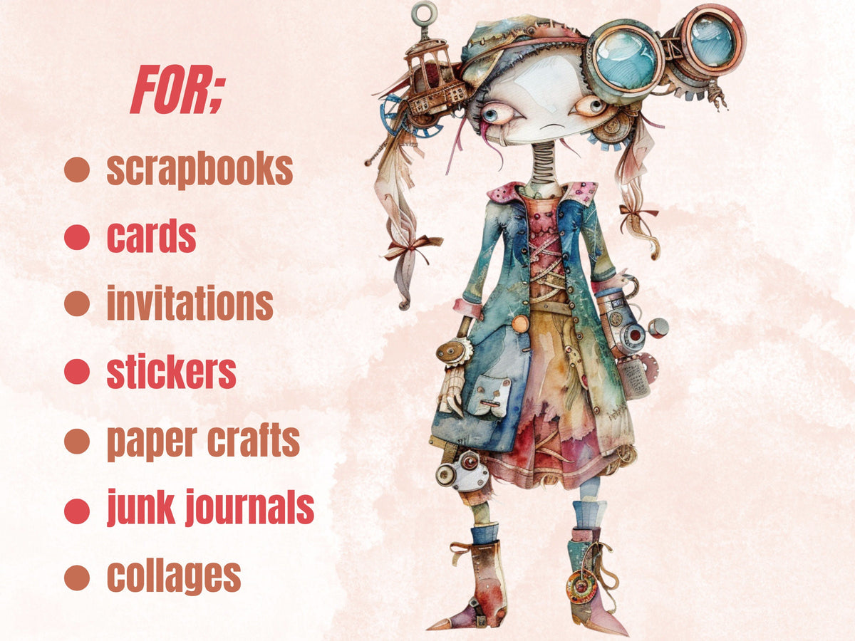 50 PNG Watercolor Quirky Steampunk Clipart, Whimsical Girl Illustrations Clip art, Funny Steampunk Bird png, Quirky Houses Sublimation