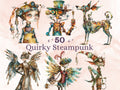 50 PNG Watercolor Quirky Steampunk Clipart, Whimsical Girl Illustrations Clip art, Funny Steampunk Bird png, Quirky Houses Sublimation