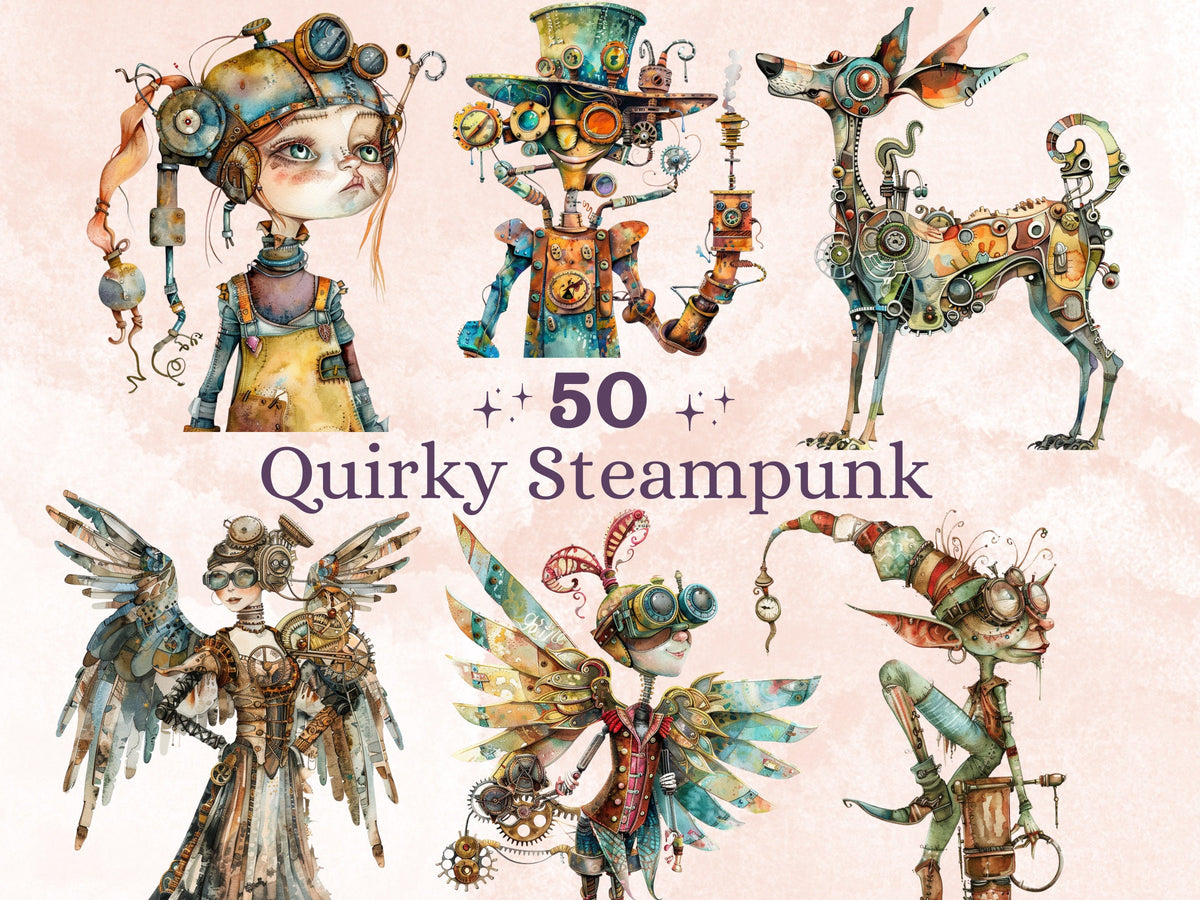 50 PNG Watercolor Quirky Steampunk Clipart, Whimsical Girl Illustrations Clip art, Funny Steampunk Bird png, Quirky Houses Sublimation