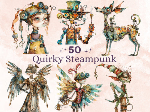 50 PNG Watercolor Quirky Steampunk Clipart, Whimsical Girl Illustrations Clip art, Funny Steampunk Bird png, Quirky Houses Sublimation