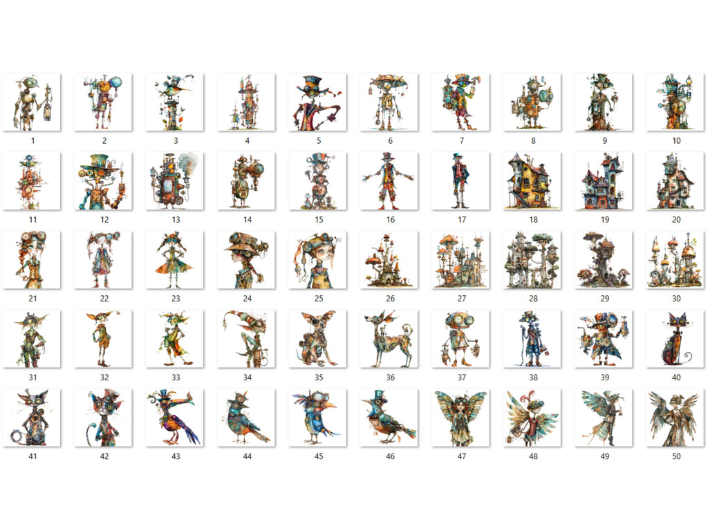 50 PNG Watercolor Quirky Steampunk Clipart, Whimsical Girl Illustrations Clip art, Funny Steampunk Bird png, Quirky Houses Sublimation