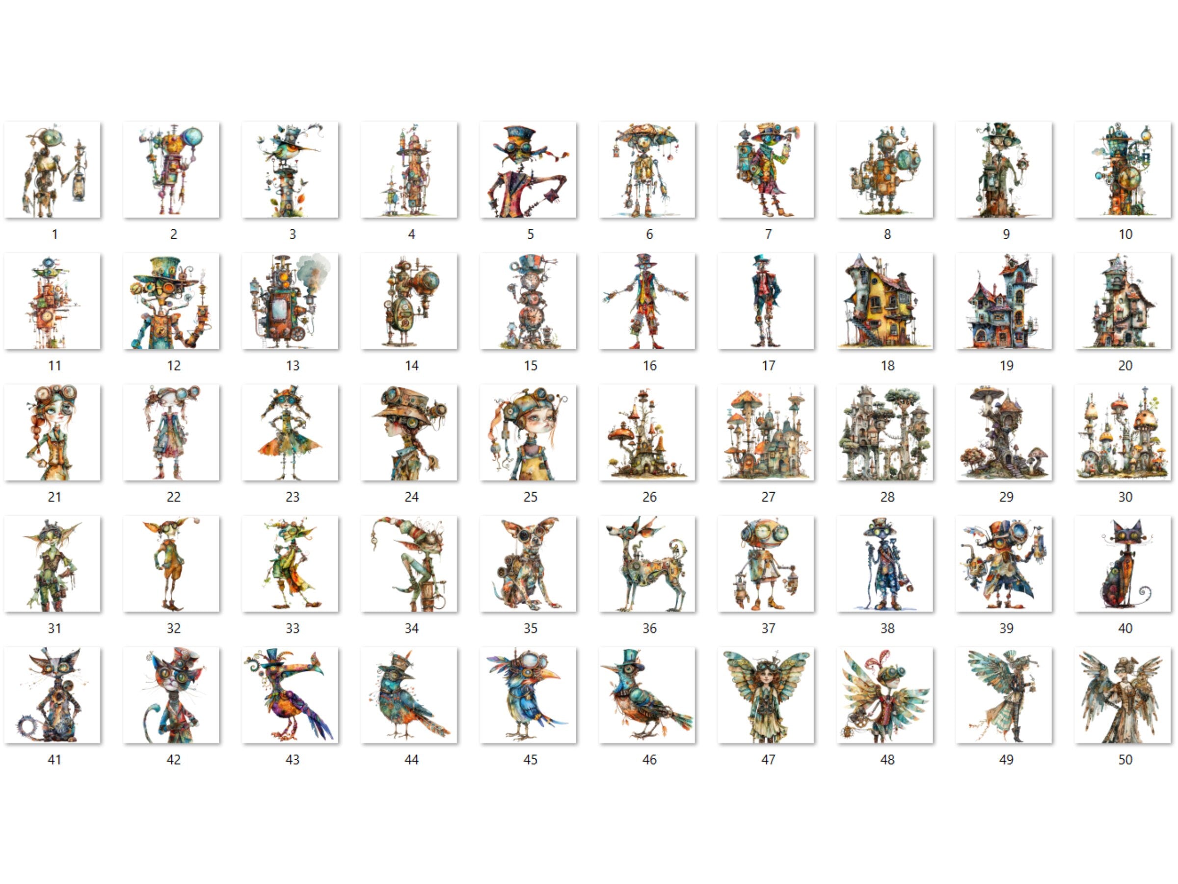 50 PNG Watercolor Quirky Steampunk Clipart, Whimsical Girl Illustrations Clip art, Funny Steampunk Bird png, Quirky Houses Sublimation