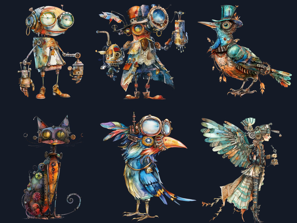 50 PNG Watercolor Quirky Steampunk Clipart, Whimsical Girl Illustrations Clip art, Funny Steampunk Bird png, Quirky Houses Sublimation