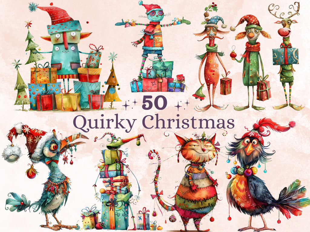50 PNG Watercolor Quirky Christmas Bundle Clipart, Whimsical Christmas Illustrations Clip art, Noel Holiday png, Fantasy Xmas Sublimation