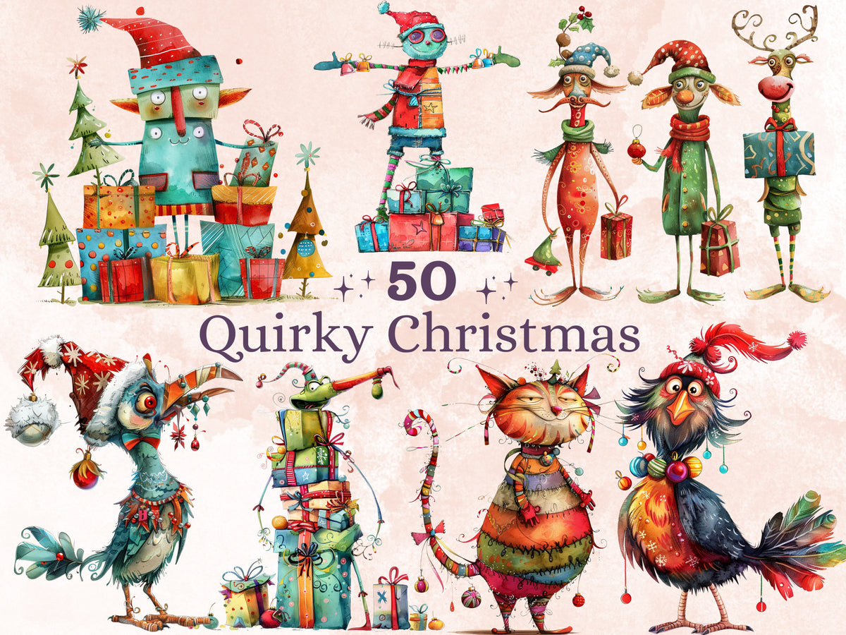 50 PNG Watercolor Quirky Christmas Bundle Clipart, Whimsical Christmas Illustrations Clip art, Noel Holiday png, Fantasy Xmas Sublimation