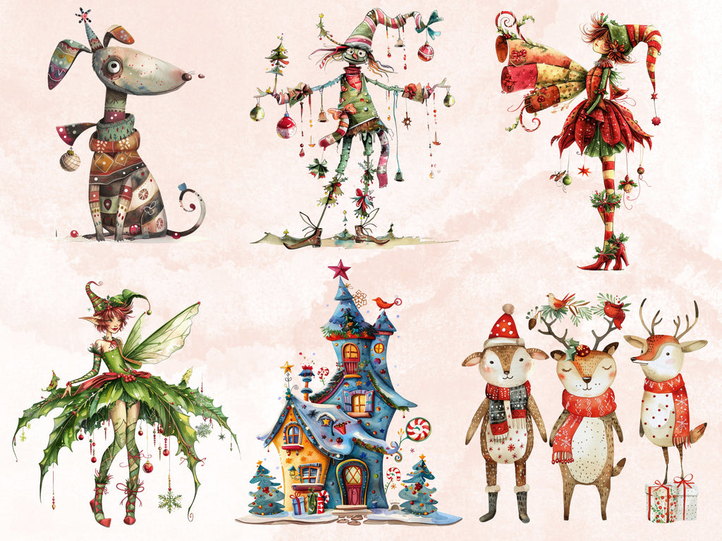 50 PNG Watercolor Quirky Christmas Bundle Clipart, Whimsical Christmas Illustrations Clip art, Noel Holiday png, Fantasy Xmas Sublimation