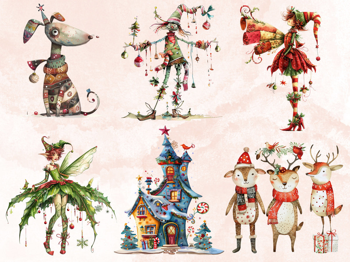 50 PNG Watercolor Quirky Christmas Bundle Clipart, Whimsical Christmas Illustrations Clip art, Noel Holiday png, Fantasy Xmas Sublimation