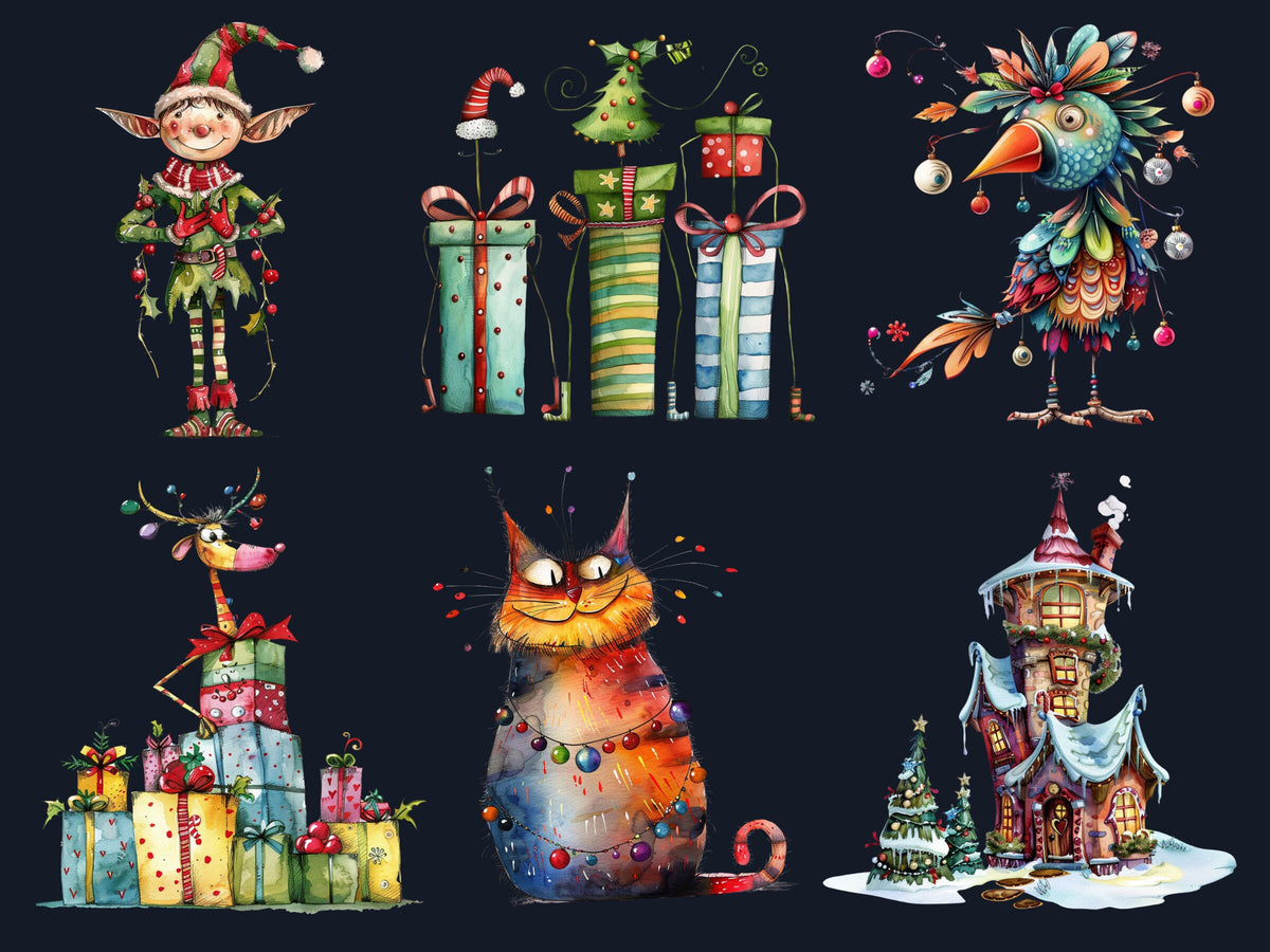 50 PNG Watercolor Quirky Christmas Bundle Clipart, Whimsical Christmas Illustrations Clip art, Noel Holiday png, Fantasy Xmas Sublimation