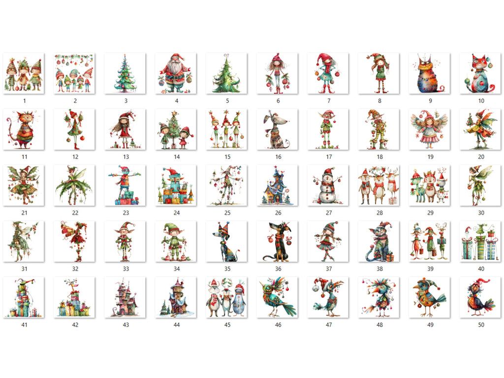 50 PNG Watercolor Quirky Christmas Bundle Clipart, Whimsical Christmas Illustrations Clip art, Noel Holiday png, Fantasy Xmas Sublimation