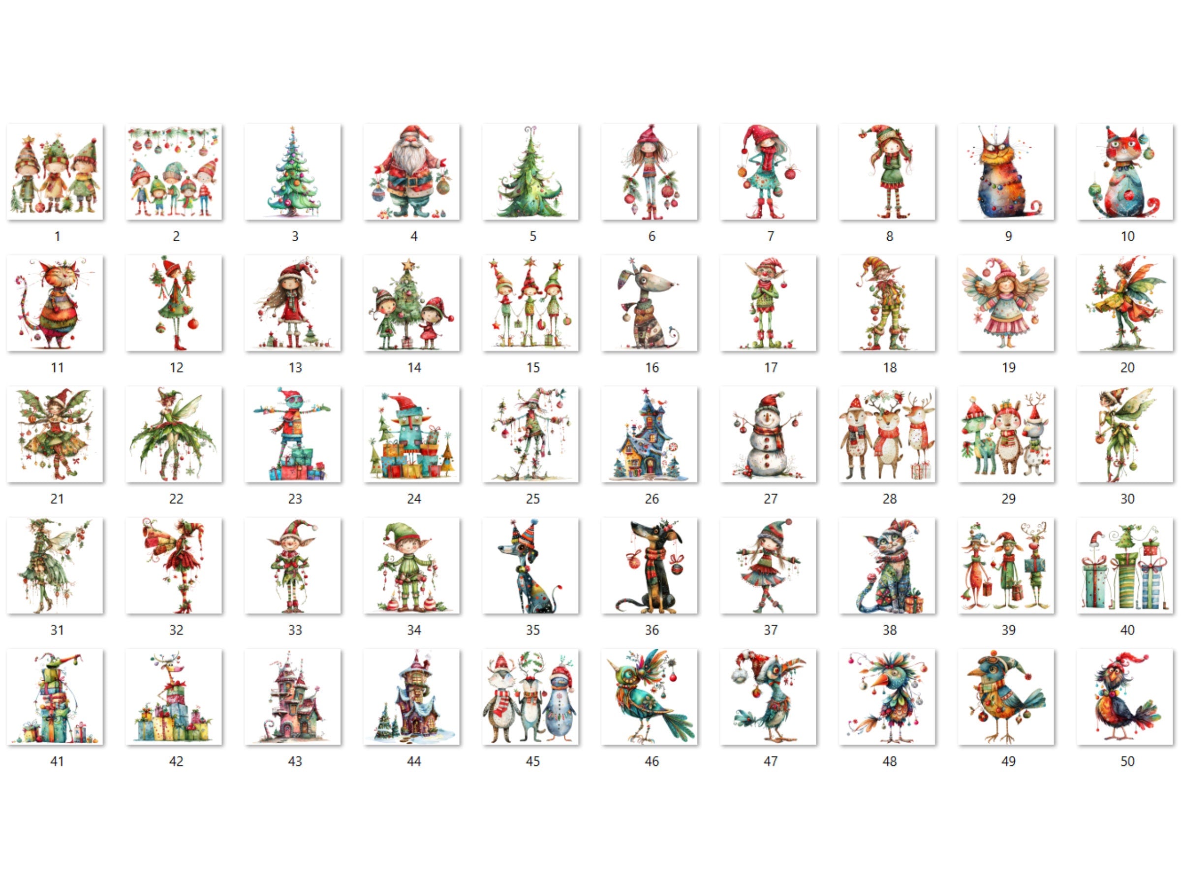 50 PNG Watercolor Quirky Christmas Bundle Clipart, Whimsical Christmas Illustrations Clip art, Noel Holiday png, Fantasy Xmas Sublimation