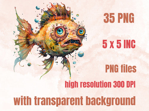 35 PNG Watercolor Cute Creepy Under the Sea Clipart, Fantasy Ocean Clip art, Funny Sea Animal png, Sealife Sublimation, Spooky Underwater