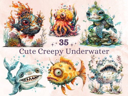 35 PNG Watercolor Cute Creepy Under the Sea Clipart, Fantasy Ocean Clip art, Funny Sea Animal png, Sealife Sublimation, Spooky Underwater