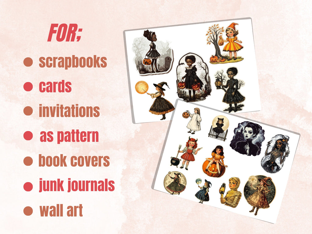 Halloween Girls Fussy Cut Pages, Vintage Girl Fussy Cut Ephemera, Spooky Add On Junk Journal Kit, Creepy Scrapbooking, Halloween Sticker Set