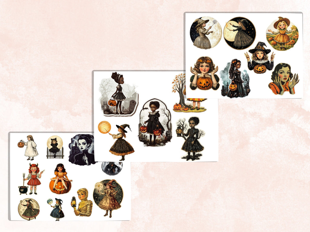 Halloween Girls Fussy Cut Pages, Vintage Girl Fussy Cut Ephemera, Spooky Add On Junk Journal Kit, Creepy Scrapbooking, Halloween Sticker Set