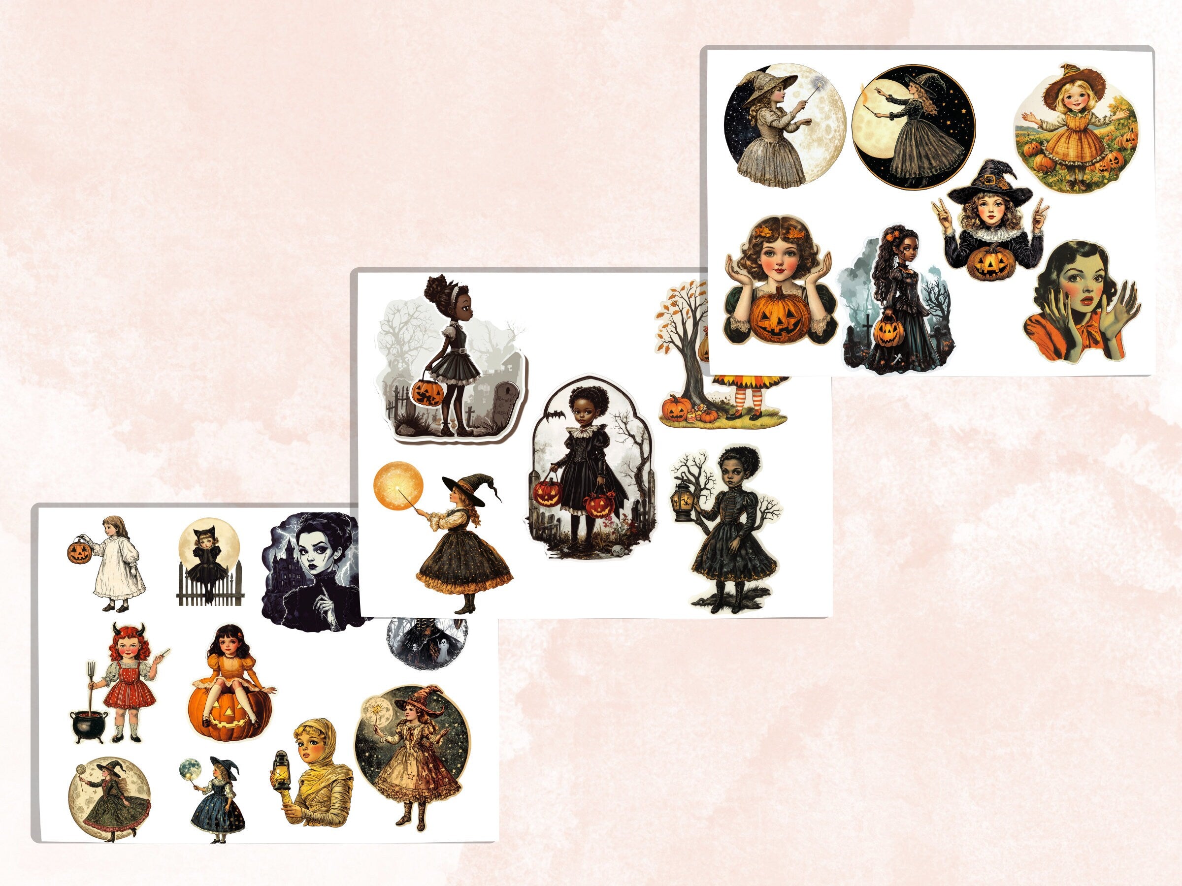 Halloween Girls Fussy Cut Pages, Vintage Girl Fussy Cut Ephemera, Spooky Add On Junk Journal Kit, Creepy Scrapbooking, Halloween Sticker Set