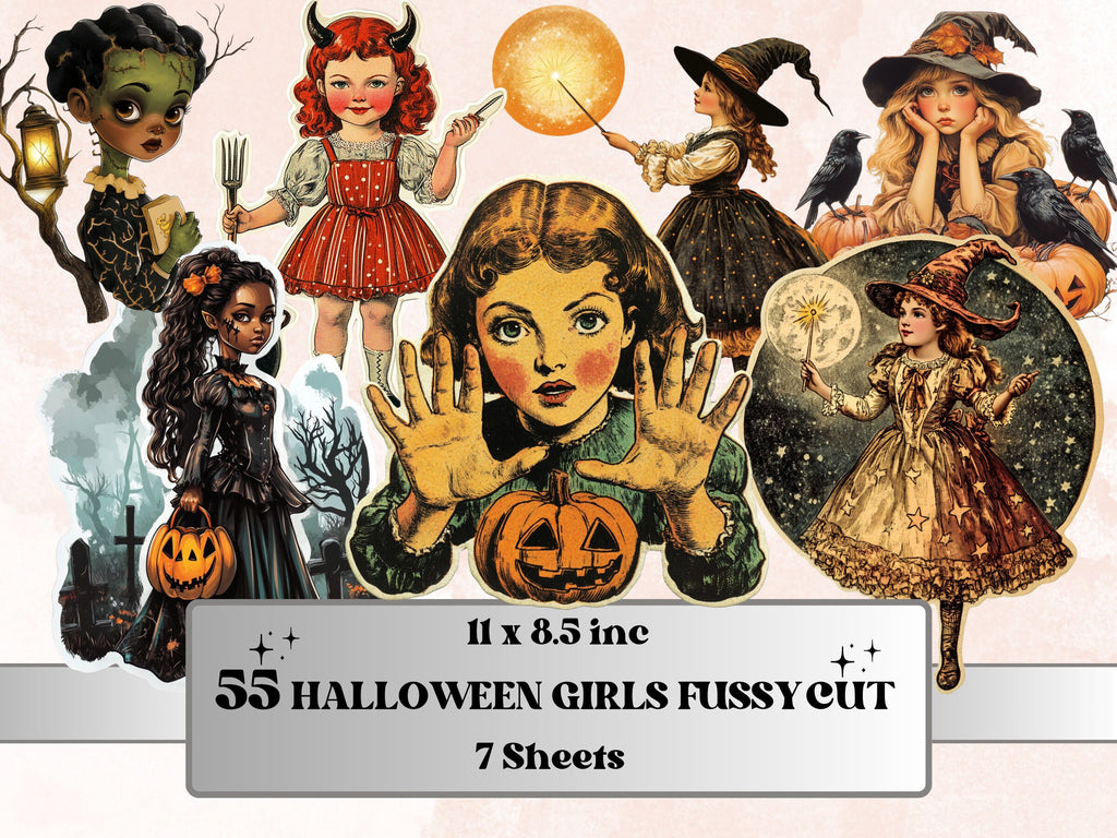 Halloween Girls Fussy Cut Pages, Vintage Girl Fussy Cut Ephemera, Spooky Add On Junk Journal Kit, Creepy Scrapbooking, Halloween Sticker Set
