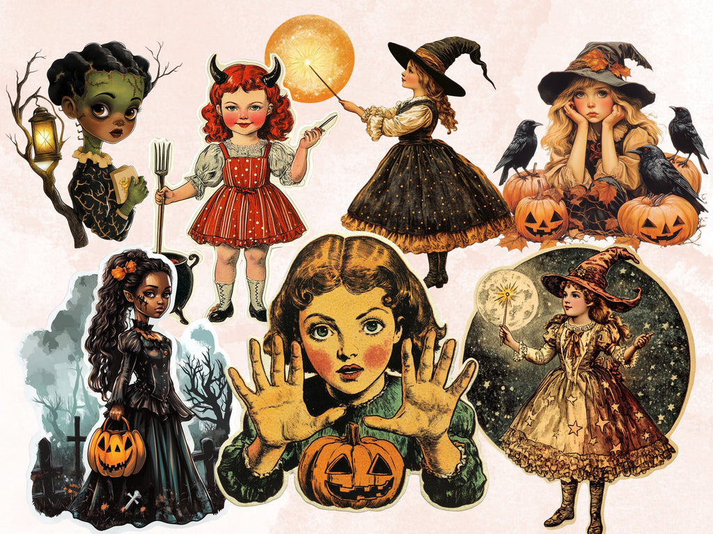 Halloween Girls Fussy Cut Pages, Vintage Girl Fussy Cut Ephemera, Spooky Add On Junk Journal Kit, Creepy Scrapbooking, Halloween Sticker Set
