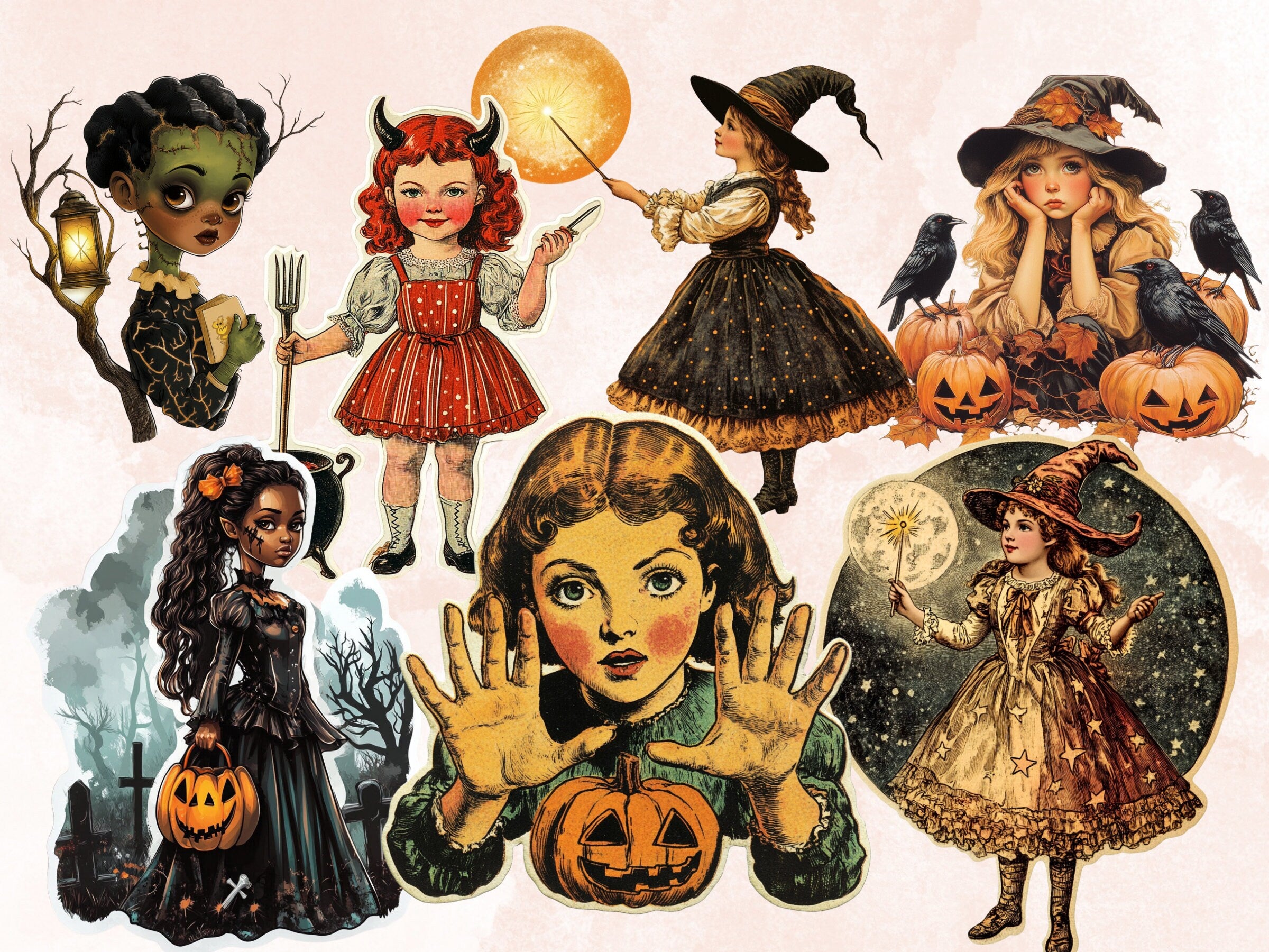 Halloween Girls Fussy Cut Pages, Vintage Girl Fussy Cut Ephemera, Spooky Add On Junk Journal Kit, Creepy Scrapbooking, Halloween Sticker Set