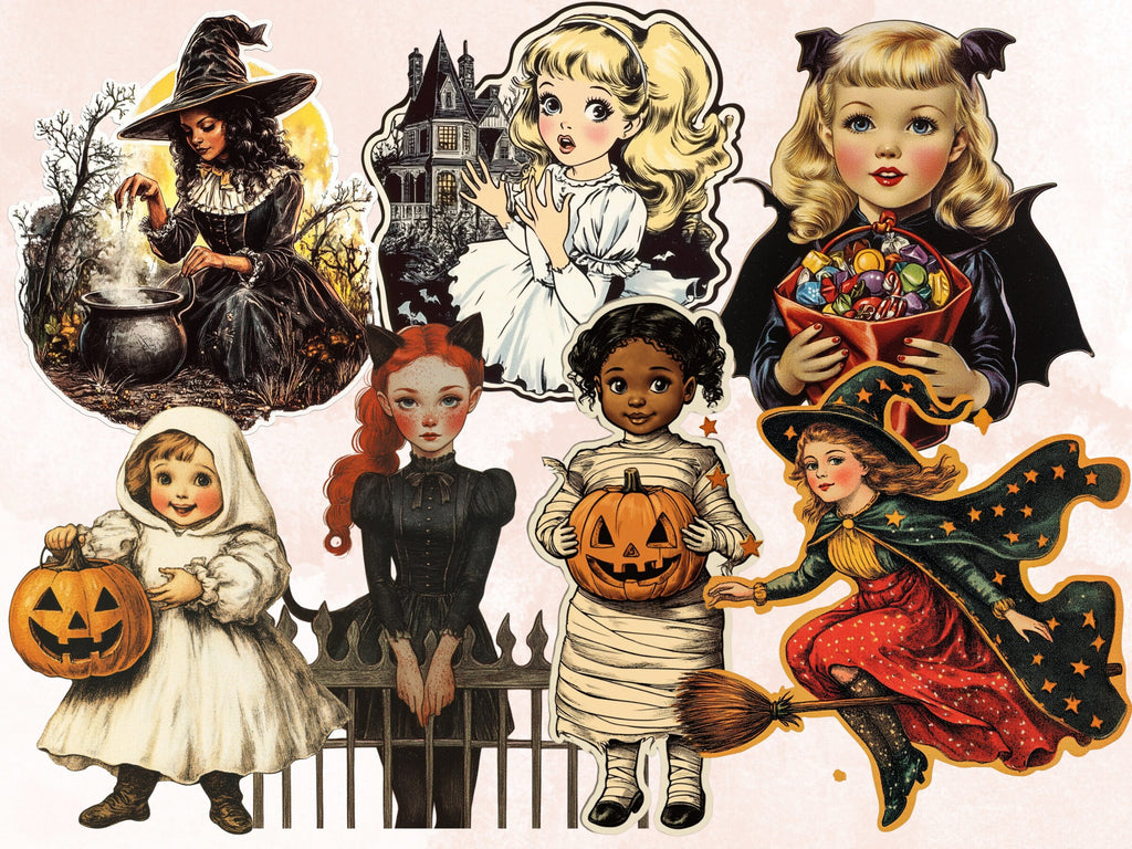 Halloween Girls Fussy Cut Pages, Vintage Girl Fussy Cut Ephemera, Spooky Add On Junk Journal Kit, Creepy Scrapbooking, Halloween Sticker Set