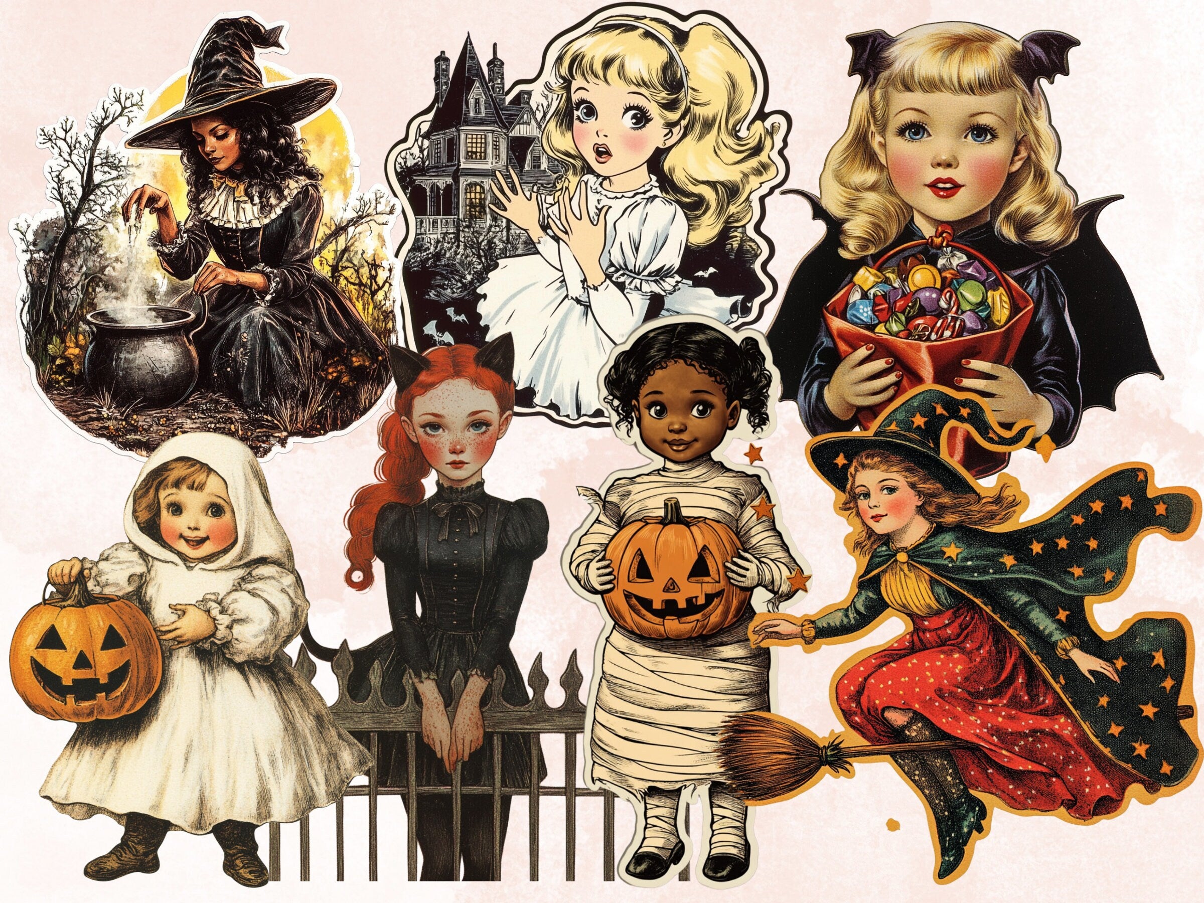 Halloween Girls Fussy Cut Pages, Vintage Girl Fussy Cut Ephemera, Spooky Add On Junk Journal Kit, Creepy Scrapbooking, Halloween Sticker Set