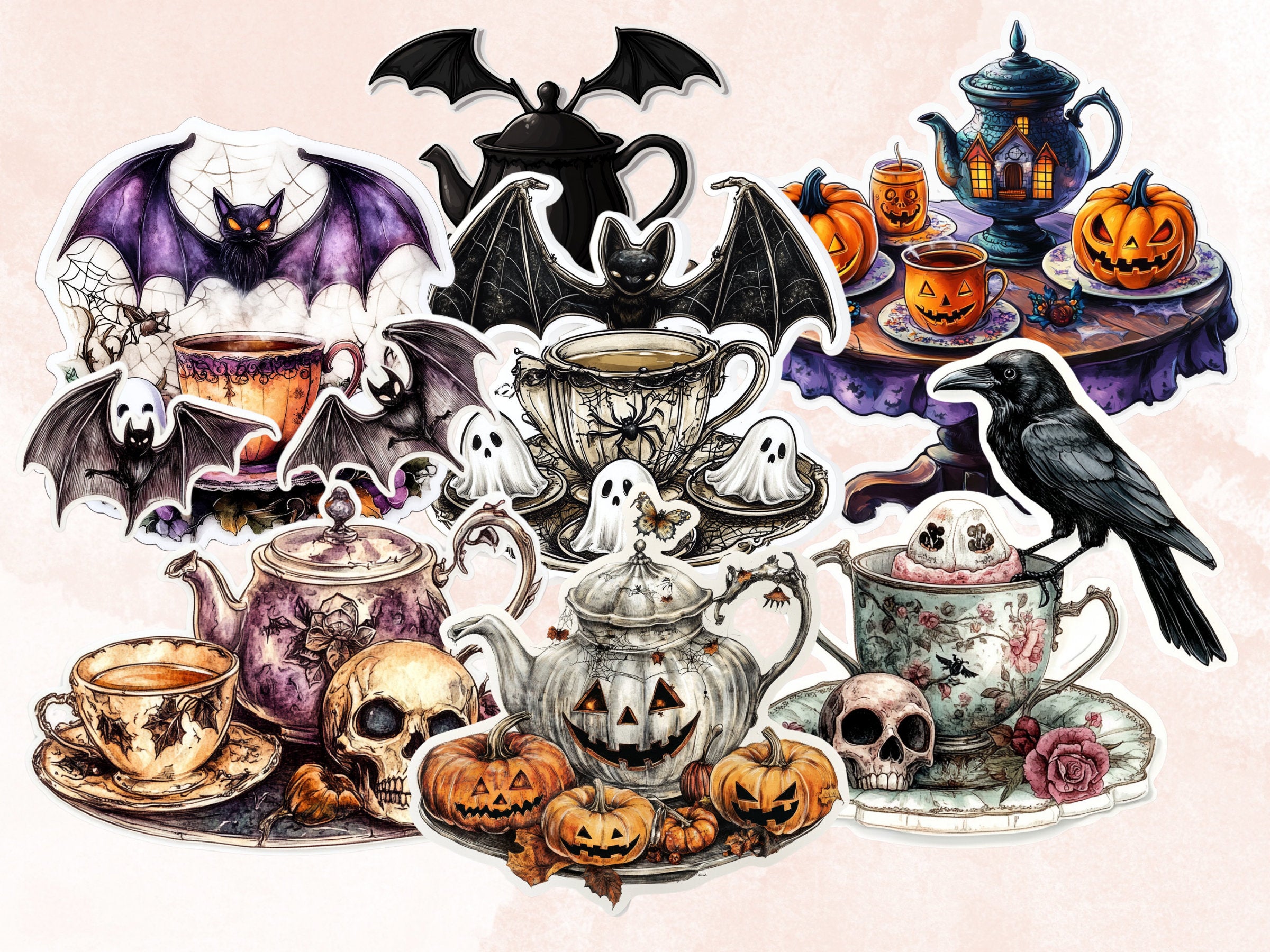 Halloween Tea Party Fussy Cut Pages, Victorian Tea Time Fussy Cut Ephemera Collection, Halloween Add On Journal Kit, Creepy Scrapbooking