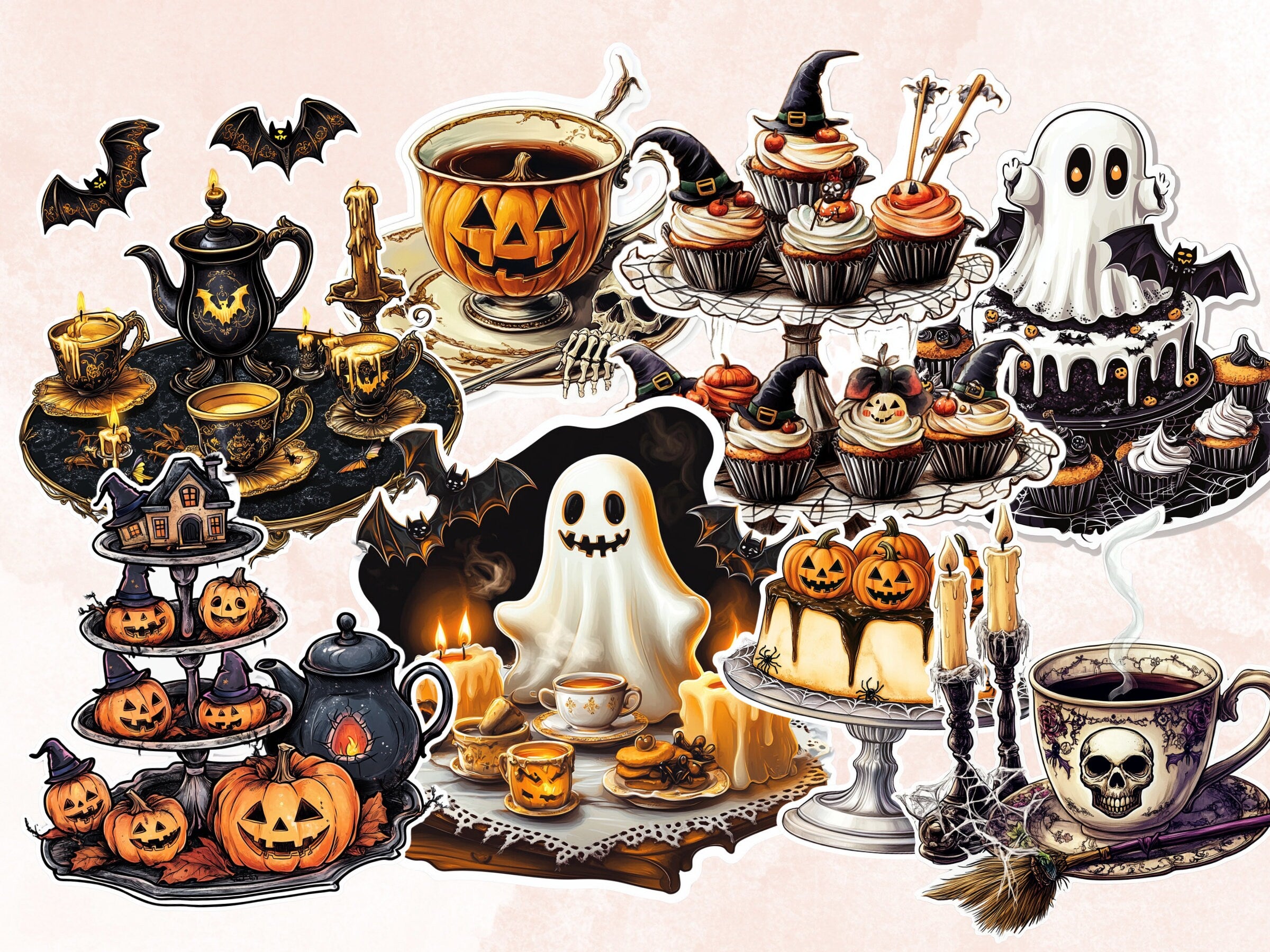 Halloween Tea Party Fussy Cut Pages, Victorian Tea Time Fussy Cut Ephemera Collection, Halloween Add On Journal Kit, Creepy Scrapbooking