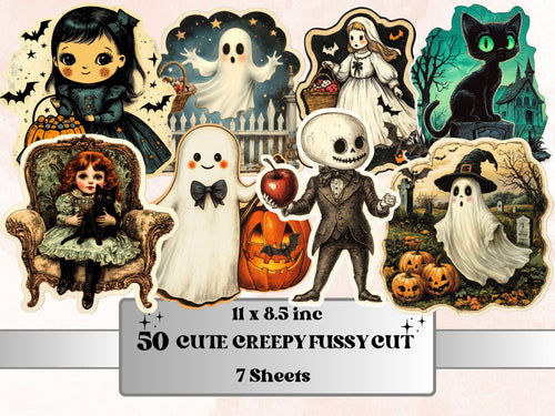 Cute Creepy Halloween Fussy Cut Pages, Gothic Fussy Cut Ephemera, Halloween Add On Junk Journal Kit, Creepy Scrapbooking, Spooky Sticker Set