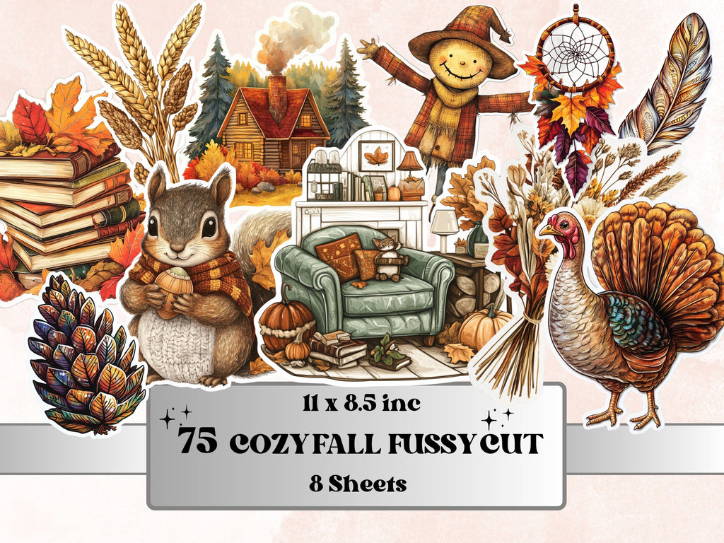 Cozy Fall Bundle Fussy Cut Pages, Vintage Autumn Fussy Cut Ephemera, Rustic Fall Add On Journal Kit, Cozy Scrapbooking, Fall Sticker Set
