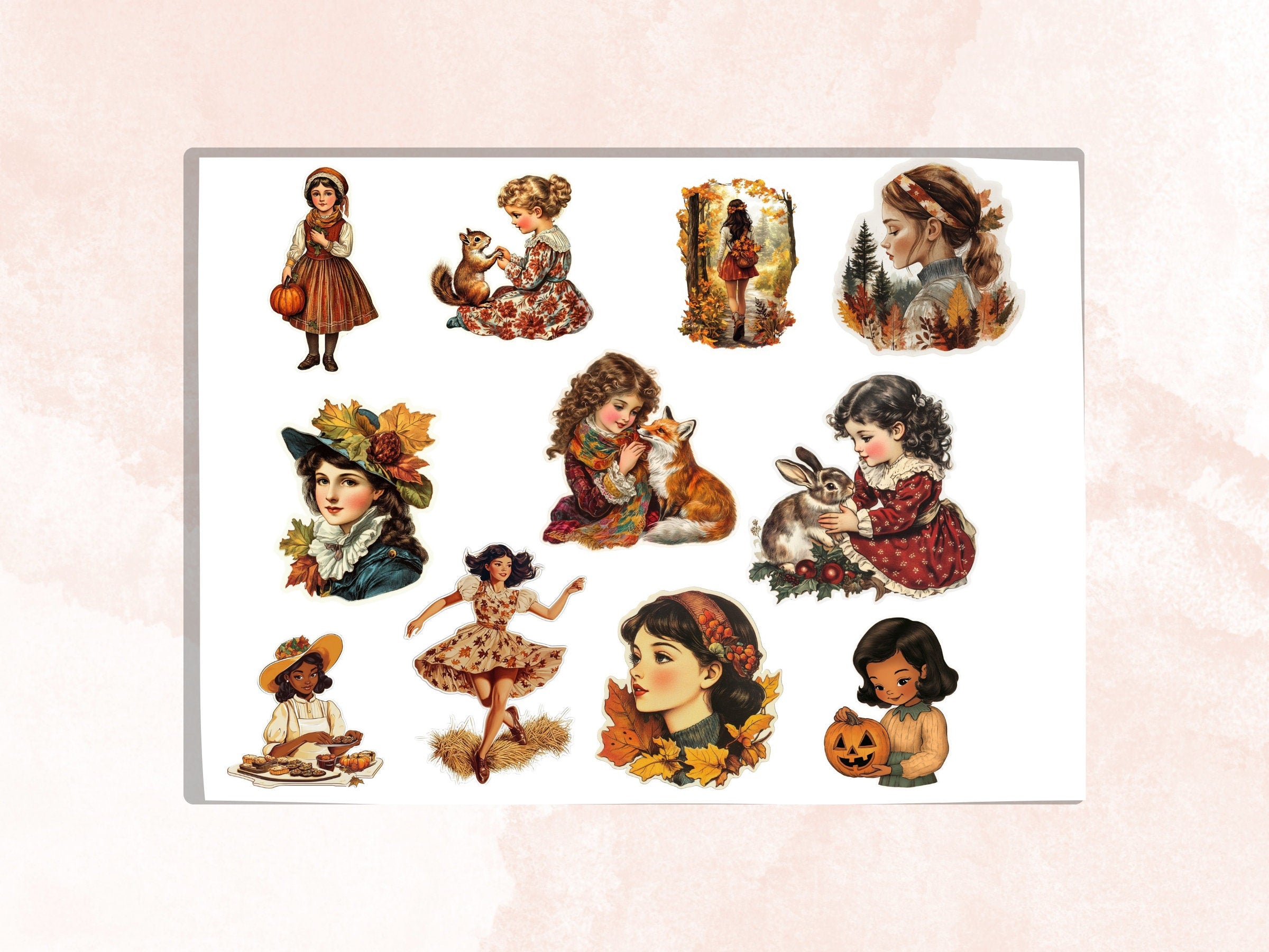 Fall Girls Fussy Cut Pages, Vintage Autumn Girl Fussy Cut Ephemera, Rustic Fall Add On Journal Kit, Cozy Scrapbooking, Cottage Sticker Set