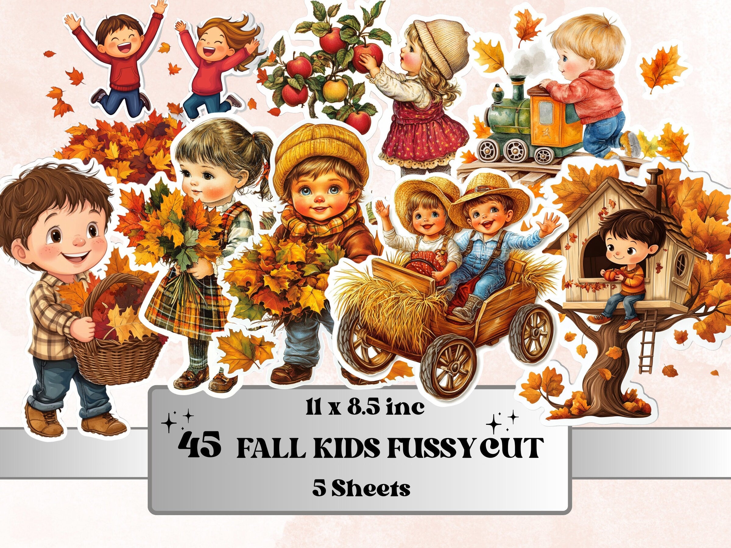 Fall Kids Fussy Cut Pages, Vintage Autumn Kids Fussy Cut Ephemera, Rustic Fall Add On Journal Kit, Cozy Scrapbooking, Cottage Sticker Set