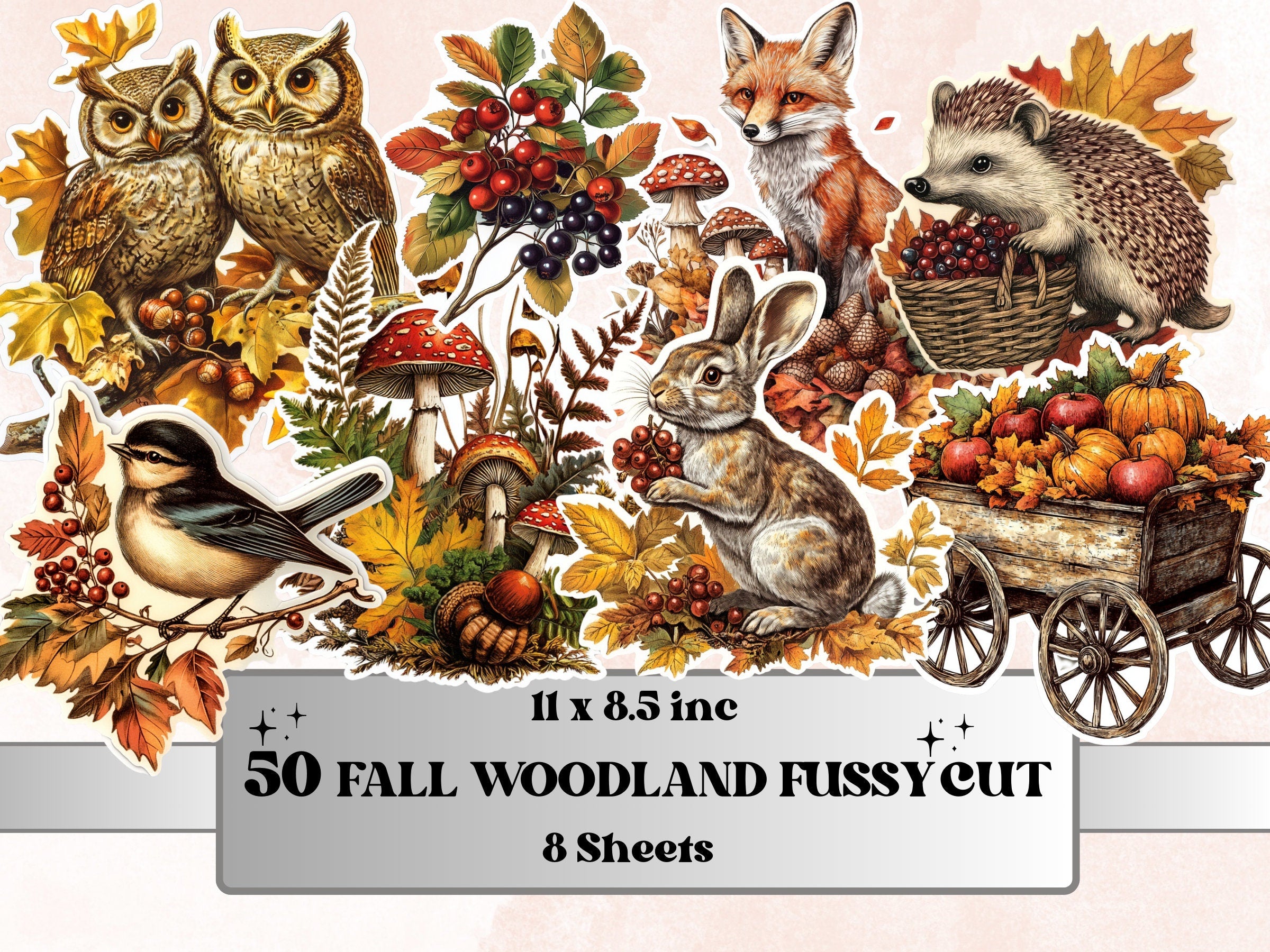 Fall Woodland Fussy Cut Pages, Vintage Autumn Forest Fussy Cut Ephemera, Rustic Fall Add On Journal Kit, Cozy Scrapbooking, Fall Sticker Set